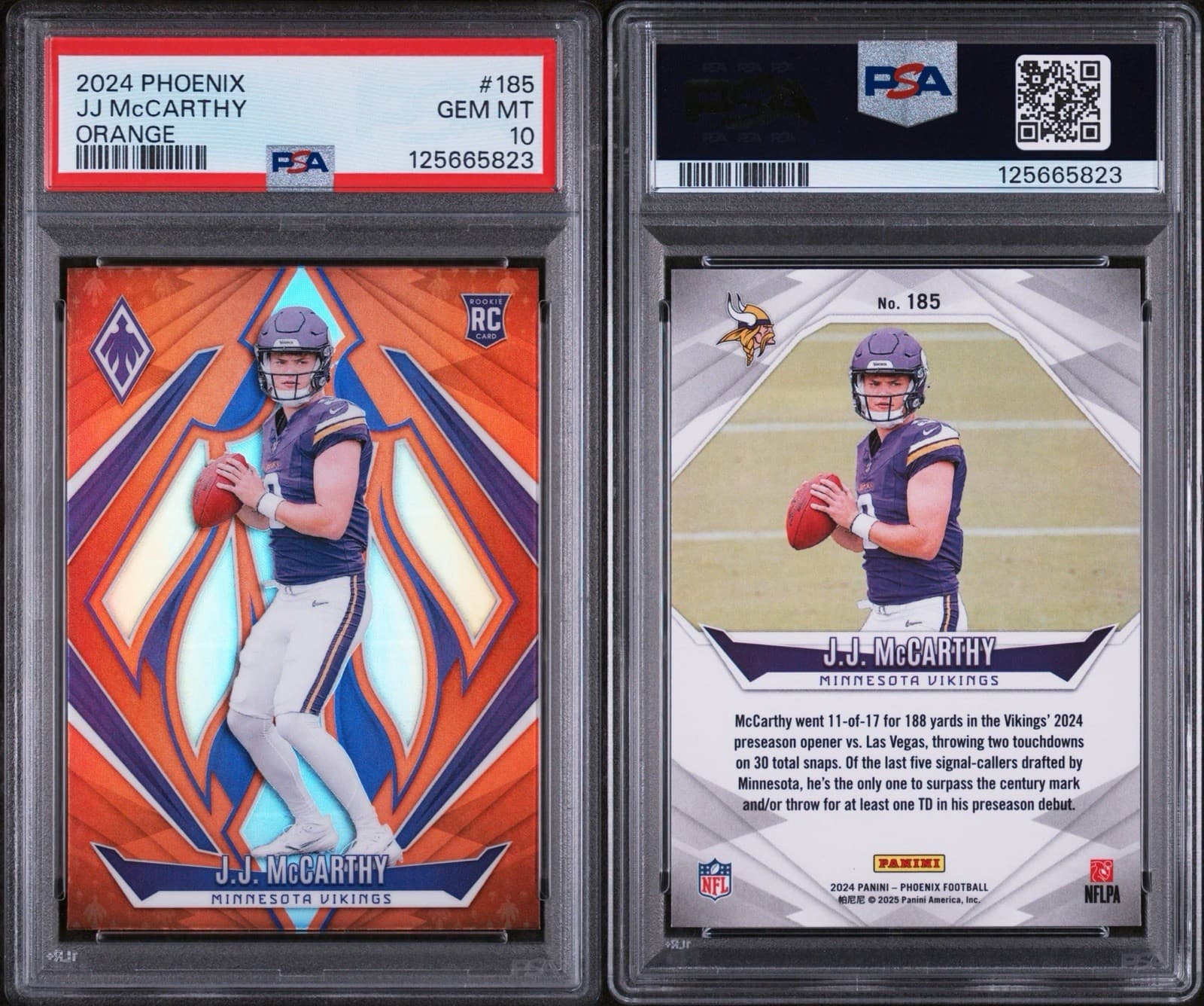 2024 Panini Phoenix - Rookies J.J. McCarthy #185 Orange (RC). PSA 10. Low pop!