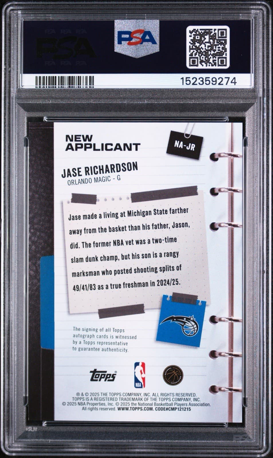 2025-26 Topps - New Applicant Autograph Jase Richardson (RC)  #NA-JR. PSA 9 MINT