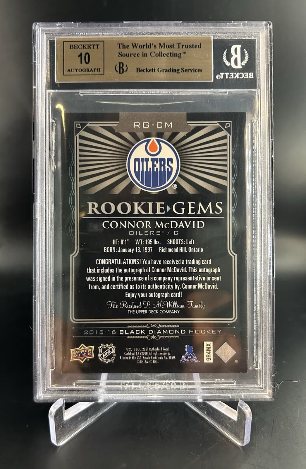 2015 UD BLACK DIAMOND ROOKIE GEMS CONNOR McDAVID - PURE BLACK AUTOS /49. BGS 9.5
