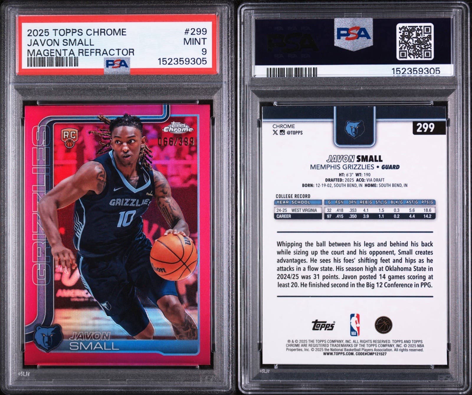 2025 TOPPS CHROME MAGENTA REFRACTOR #299 JAVON SMALL (RC) /399. PSA 9 MINT