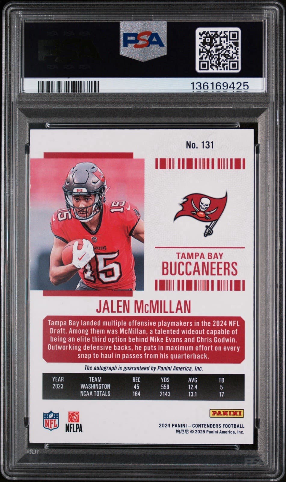 2024 Contenders Jalen McMillan (RC) #131 Autograph Divisional Ticket /99. PSA 8.