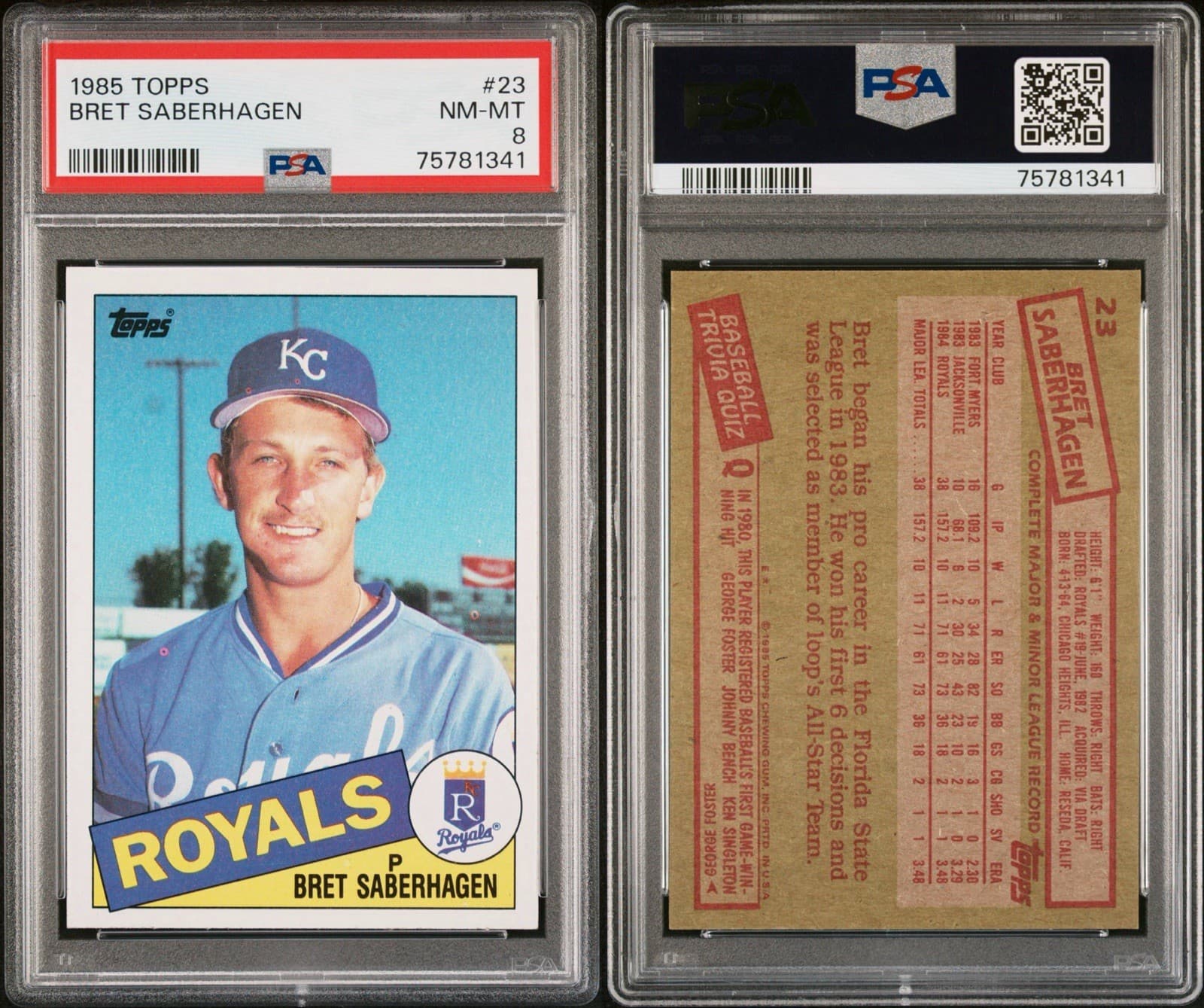 1985 Topps - Bret Saberhagen #23 (RC). PSA 8 NM - MT
