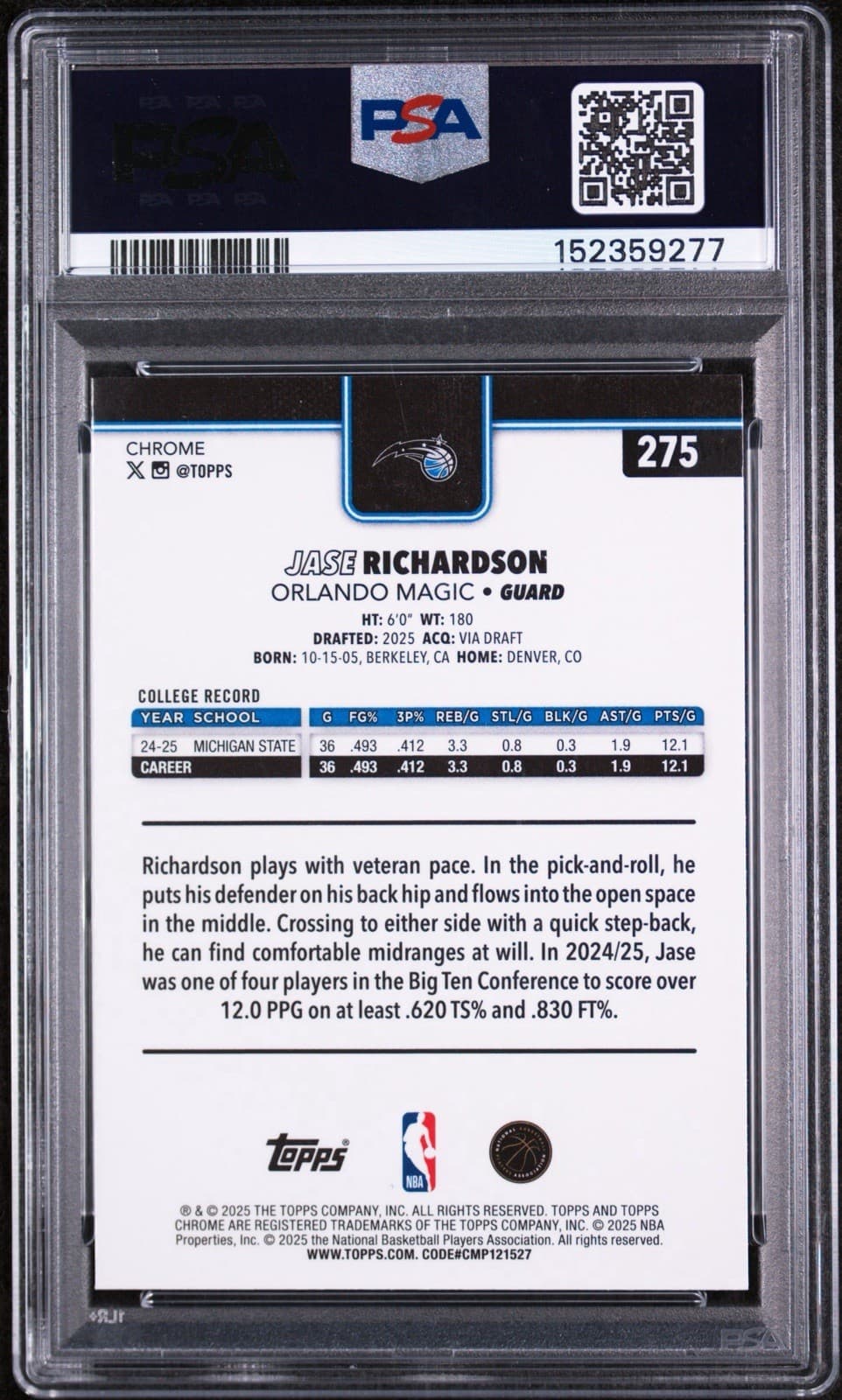 2025 TOPPS CHROME #275 JASE RICHARDSON (RC) SKYLIGHT REFRACTOR. PSA 9 MINT