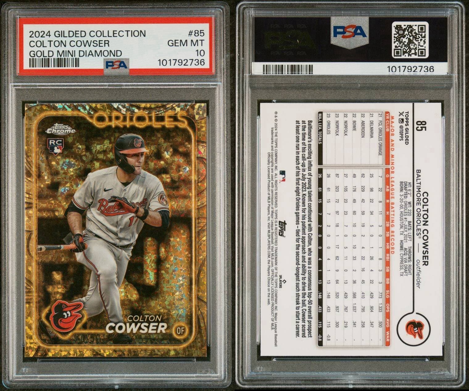 2024 Gilded Collection - Gold Mini-Diamond #85 Colton Cowser /50. PSA 10. Pop 5!
