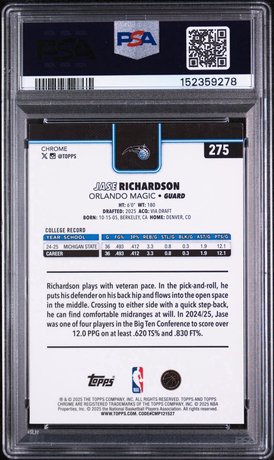 2025-26 Topps Chrome - Jase Richardson #275 RayWave Refractor (RC). PSA 9 MINT