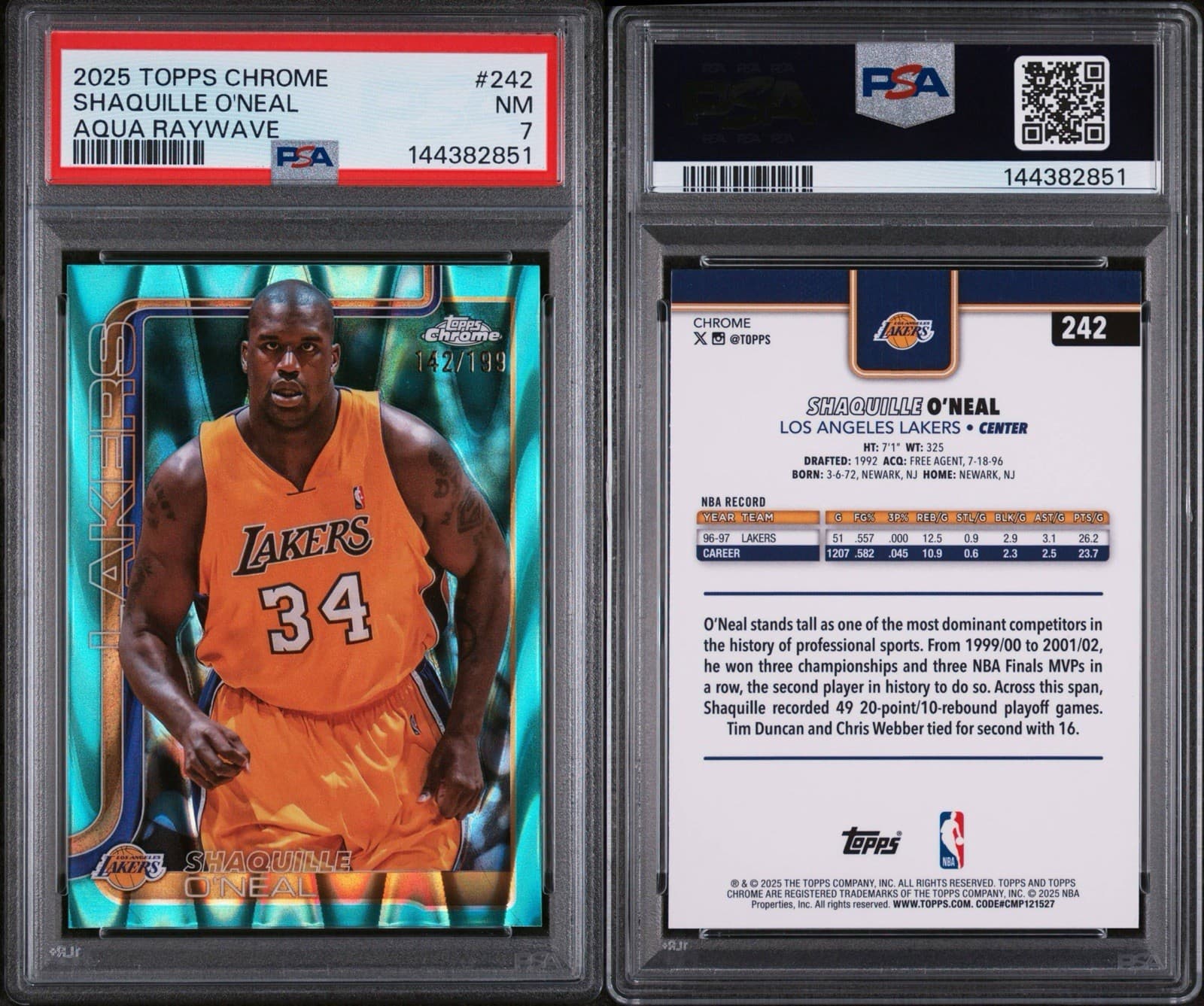 2025-26 Topps Chrome - Shaquille O'Neal #242 Aqua Raywave Refractor /199. PSA 7