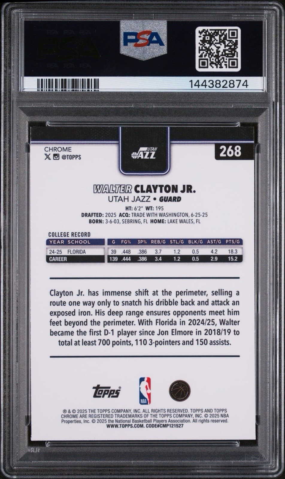 2025-26 Topps Chrome - Walter Clayton Jr. Red White & Blue Refractor (RC). PSA 8