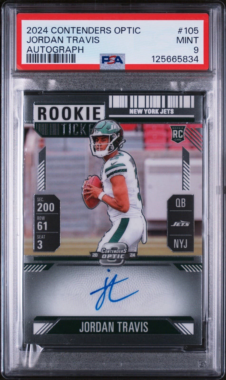 2024 Contenders Optic JORDAN TRAVIS RC Rookie Ticket Autograph (on card). PSA 9