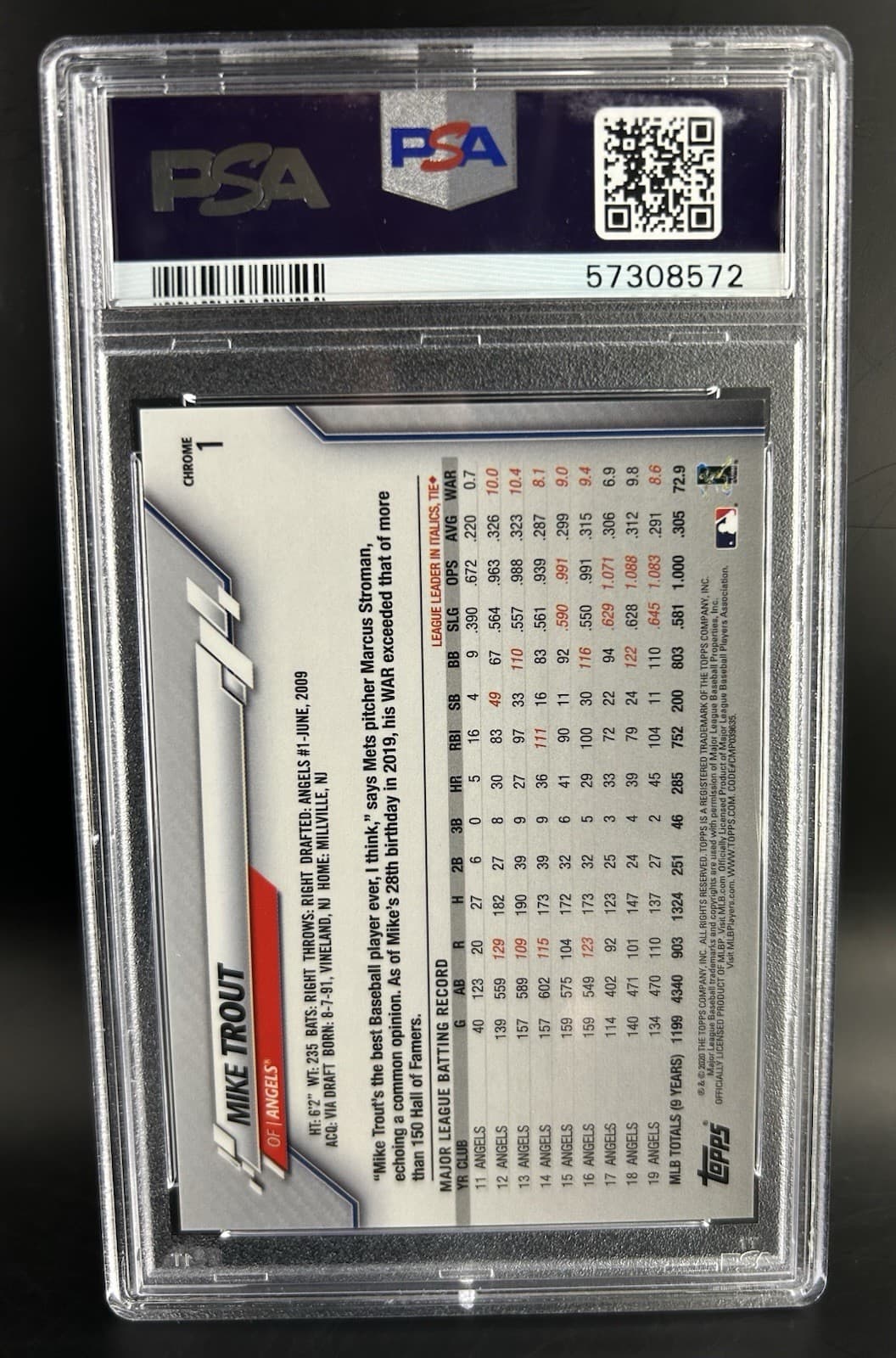 2020 Topps Chrome Mike Trout SP Black Uniform Image Variation Refractor. PSA 10