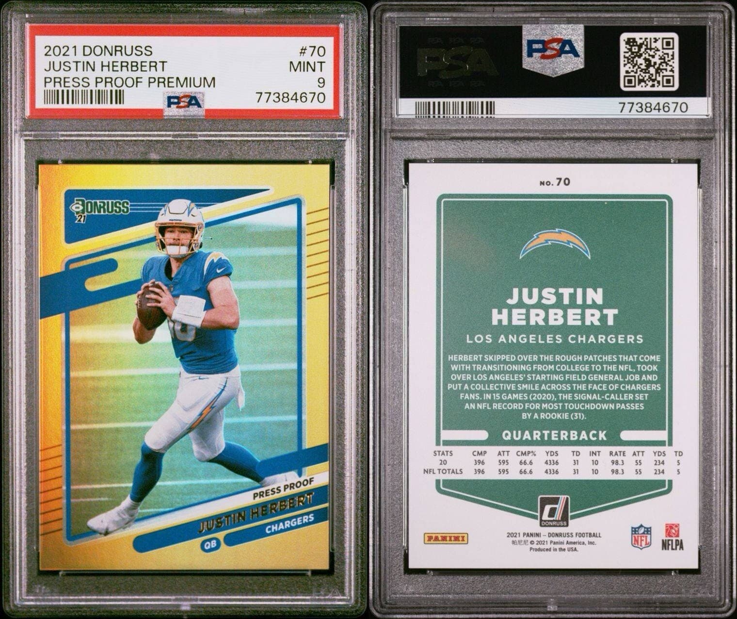 2021 Panini Donruss - Press Proof Premium #70 Justin Herbert PSA 9