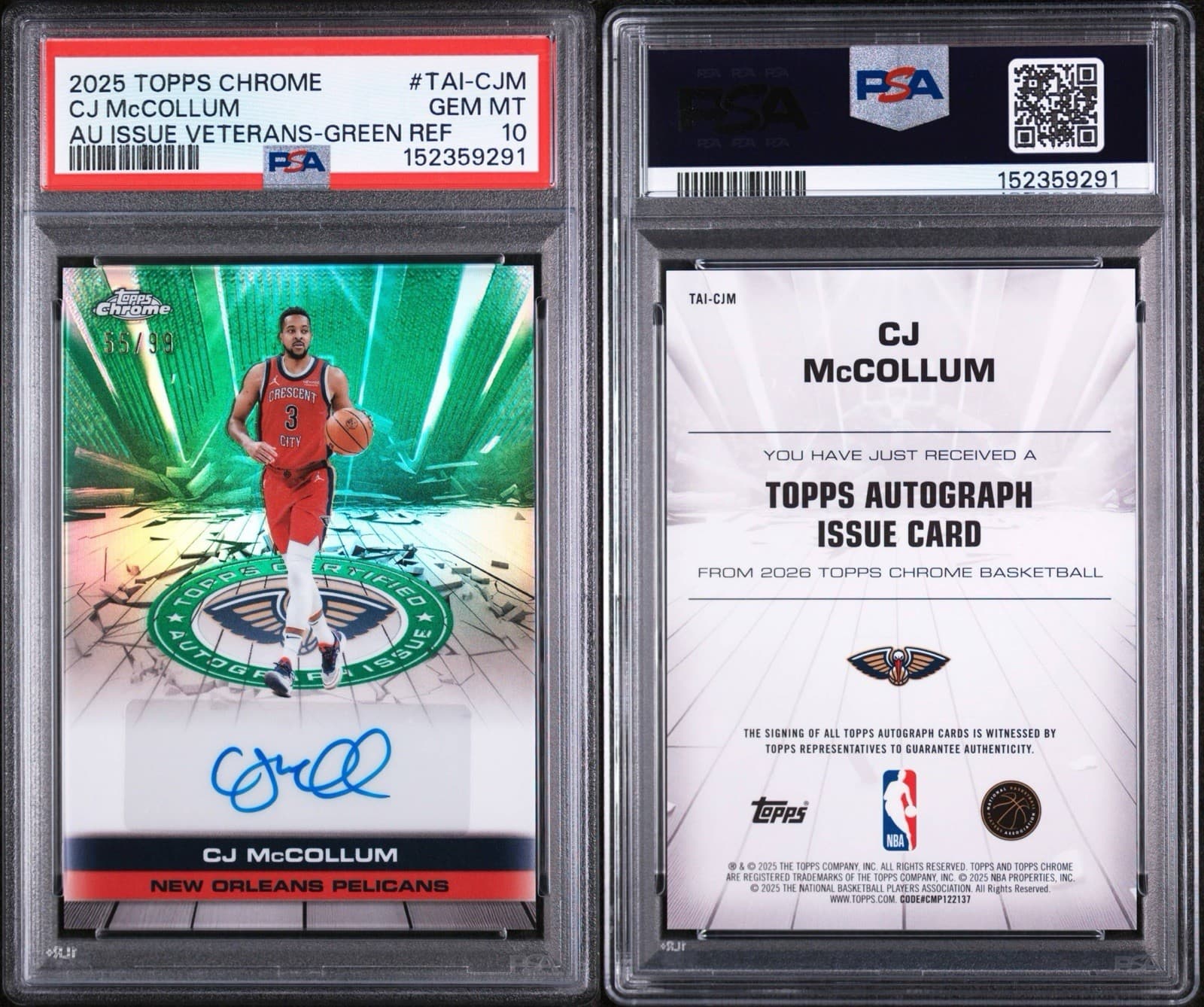 2025 TOPPS CHROME - CJ MCCOLLUM AUTO ISSUE VETERANS GREEN REFRACTOR /99. PSA 10