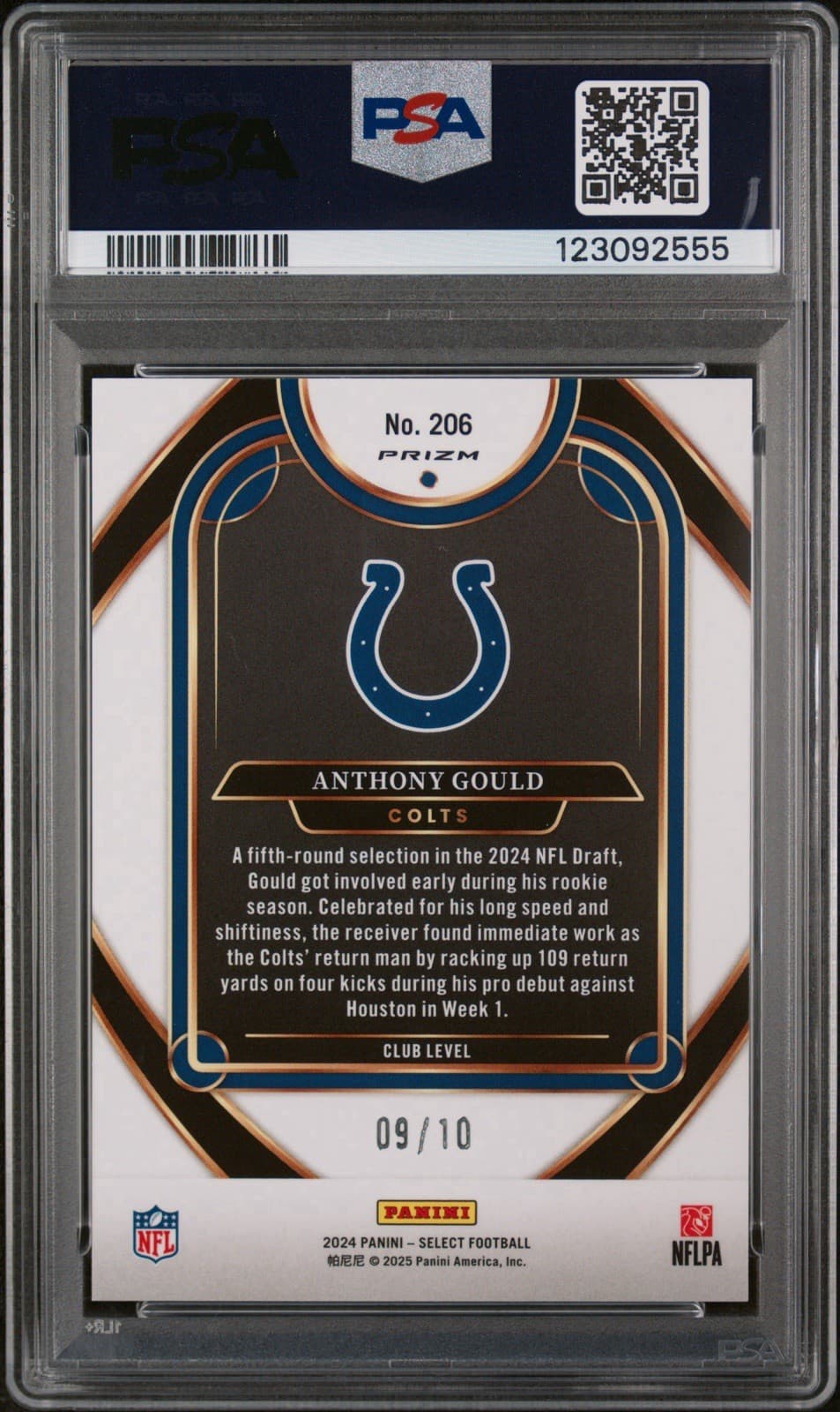2024 Panini Select - Anthony Gould (RC) Club Level Gold Prizm #/10. PSA 9 Mint