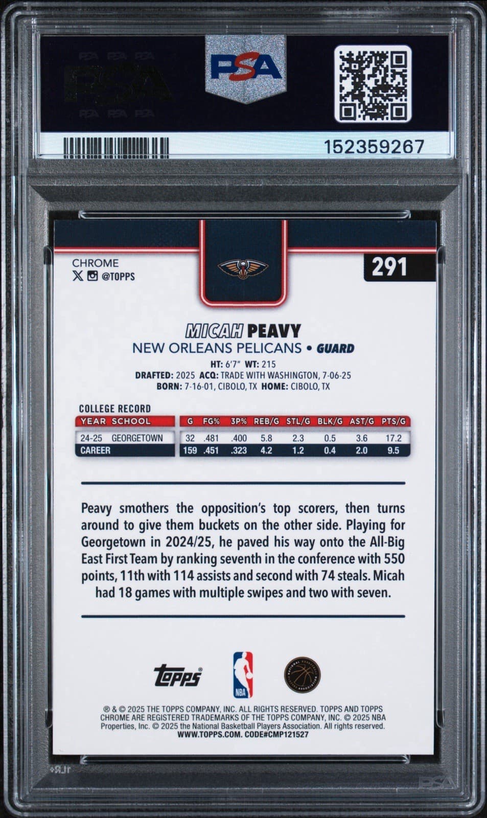 2025-26 Topps Chrome - Micah Peavy #291 Aqua Raywave Refractor /199 (RC). PSA 10