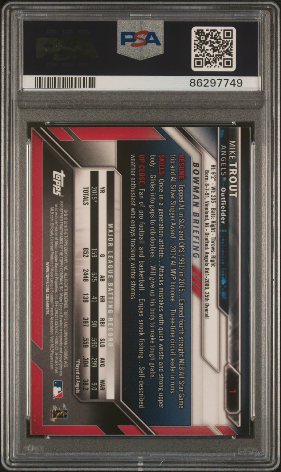 2016 Bowman Base Chrome - Mike Trout #1. PSA 10 GEM MT.