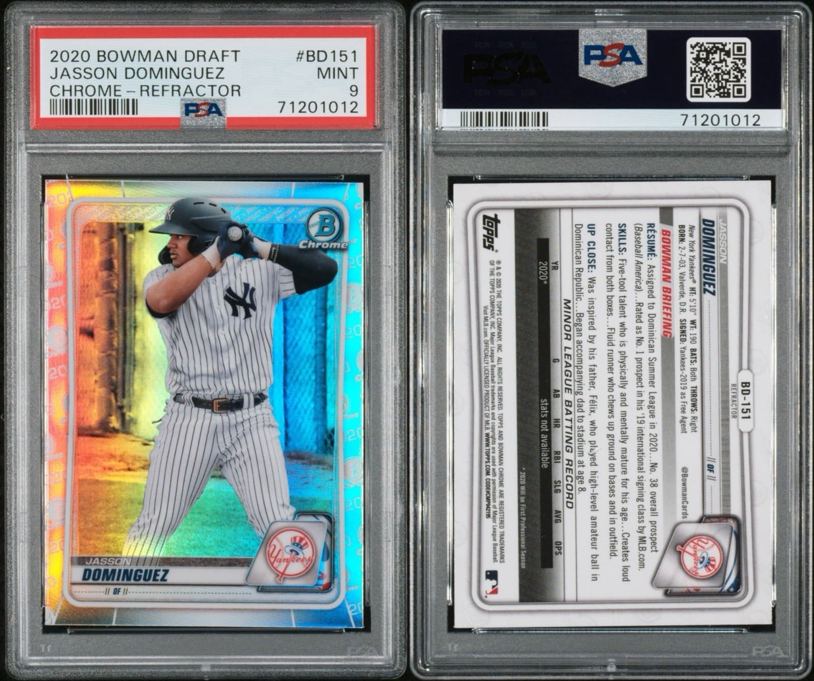 2020 Bowman Draft - Chrome Jasson Dominguez #BD-151 Refractor (RC). PSA 9 Mint.