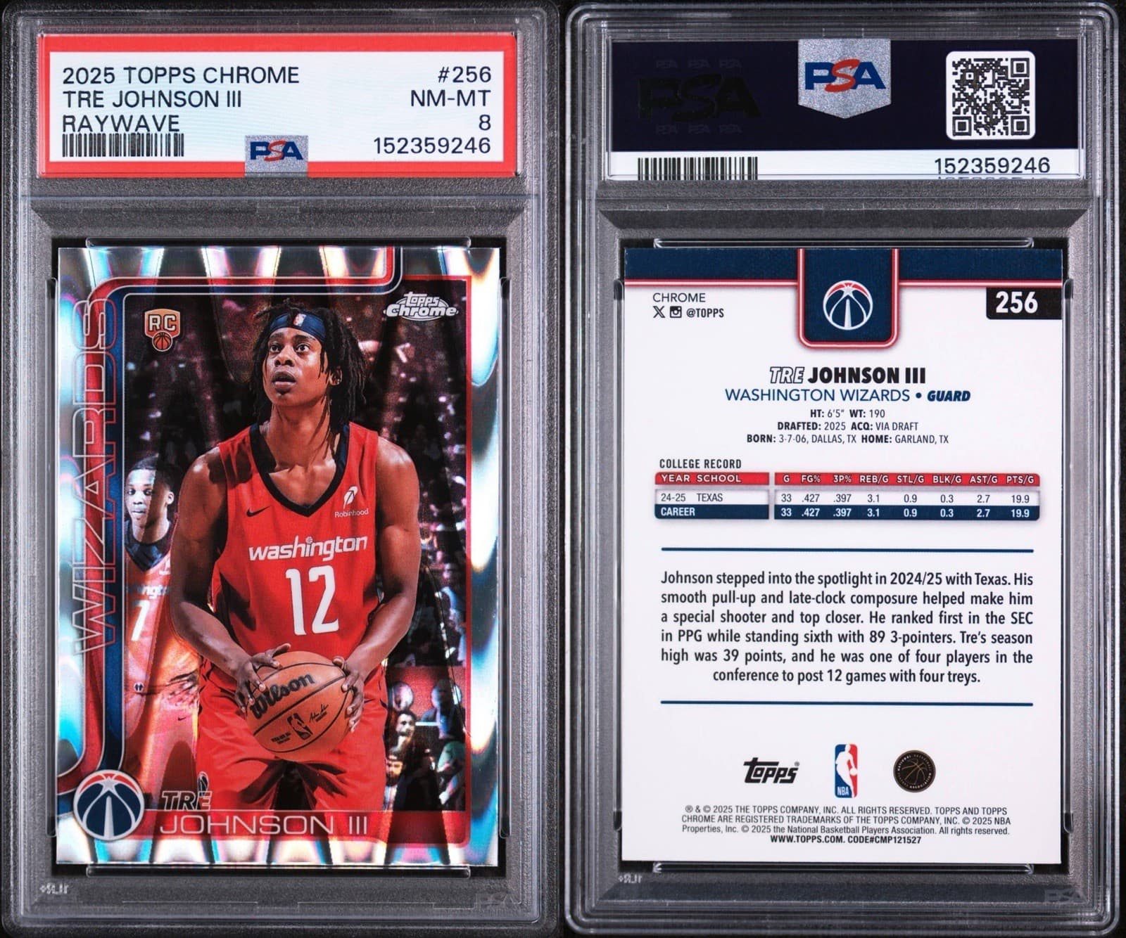2025-26 Topps Chrome - Tre Johnson #256 RayWave Refractor (RC). PSA 8 NM-MT
