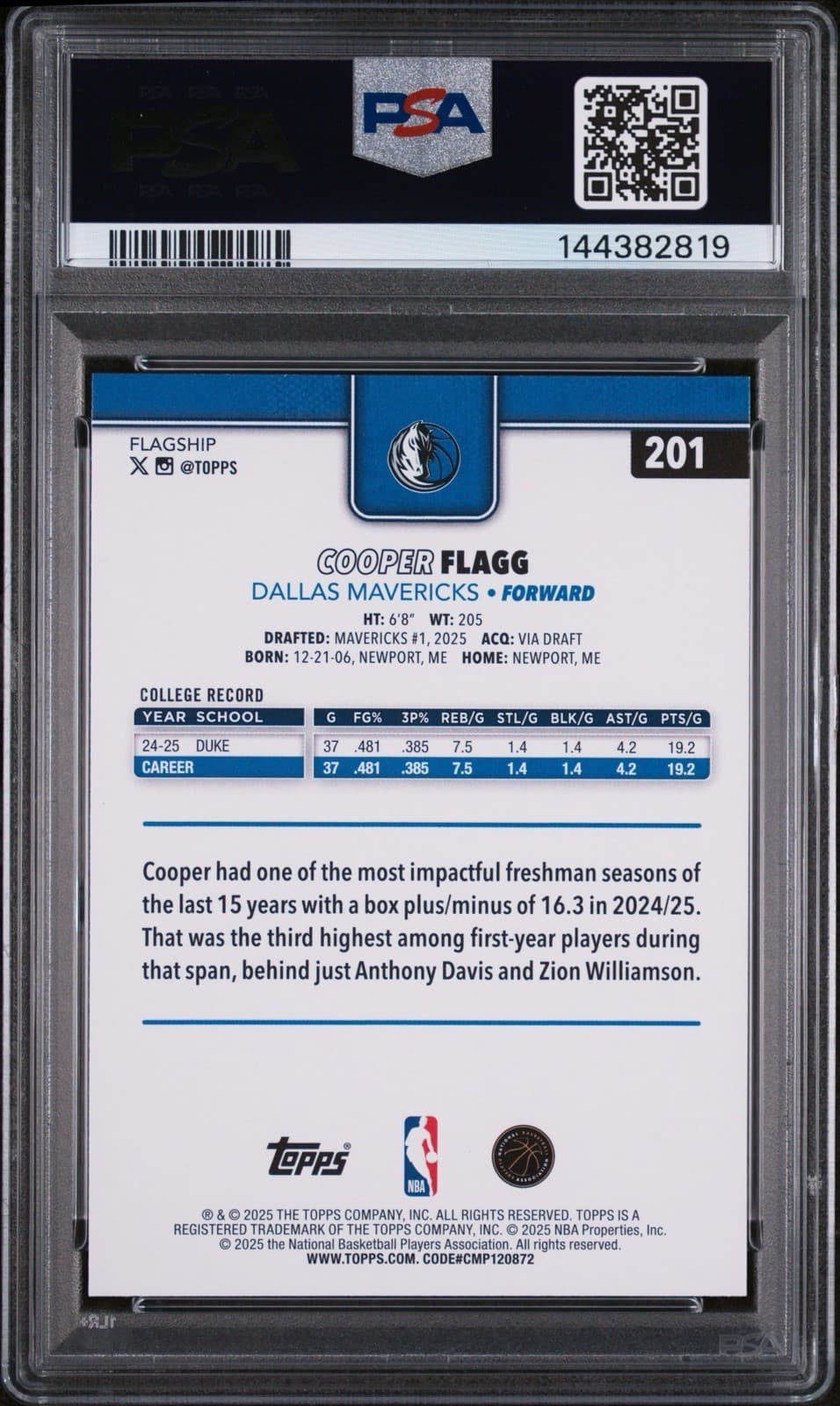 2025-26 Topps - Cooper Flagg #201 (RC). PSA 9 MINT