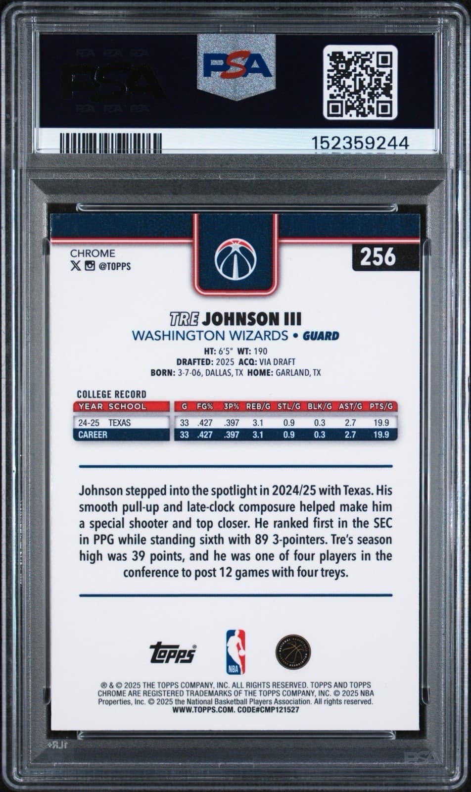2025-26 Topps Chrome - Tre Johnson #256 (RC) Negative Refractor. PSA 8 NM-MT