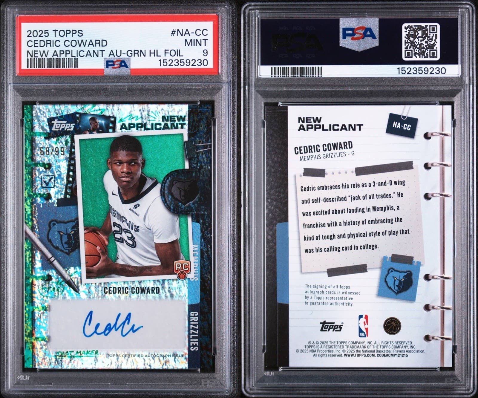 2025 TOPPS  CEDRIC COWARD NEW  APPLICANT AUTO - GREEN HOLO FOIL /99. PSA 9 MINT