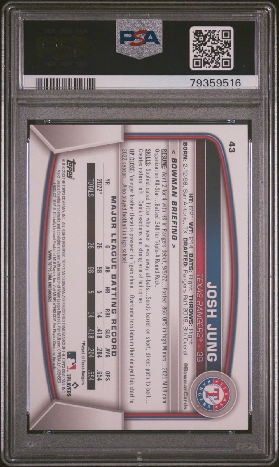 2023 Bowman - #43 Josh Jung (RC). PSA 9