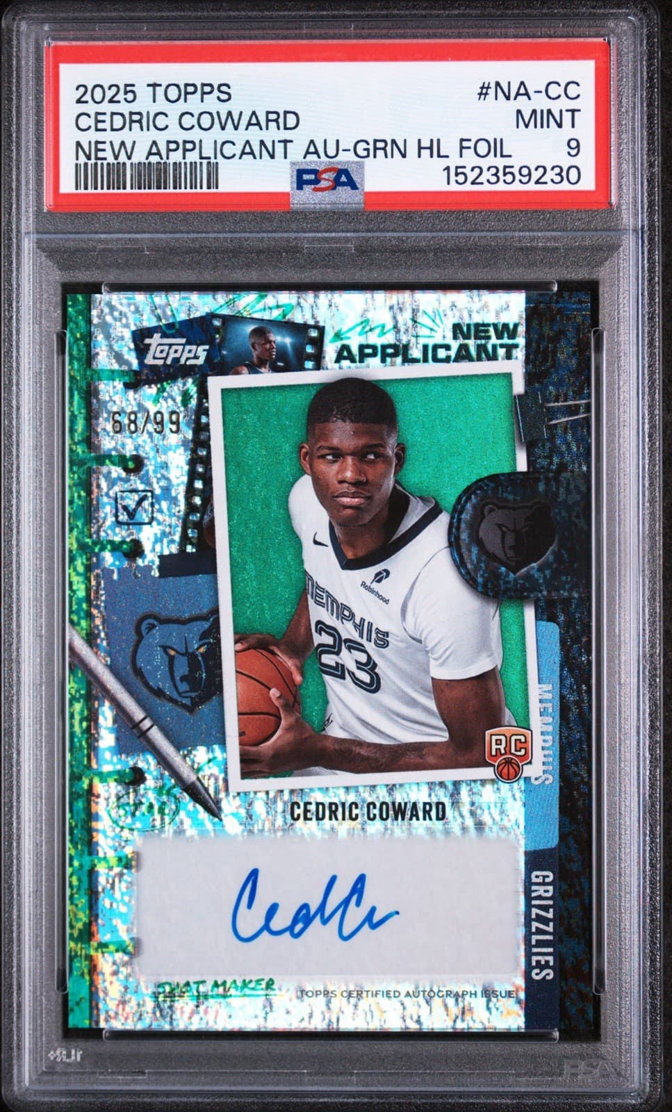 2025 TOPPS  CEDRIC COWARD NEW  APPLICANT AUTO - GREEN HOLO FOIL /99. PSA 9 MINT