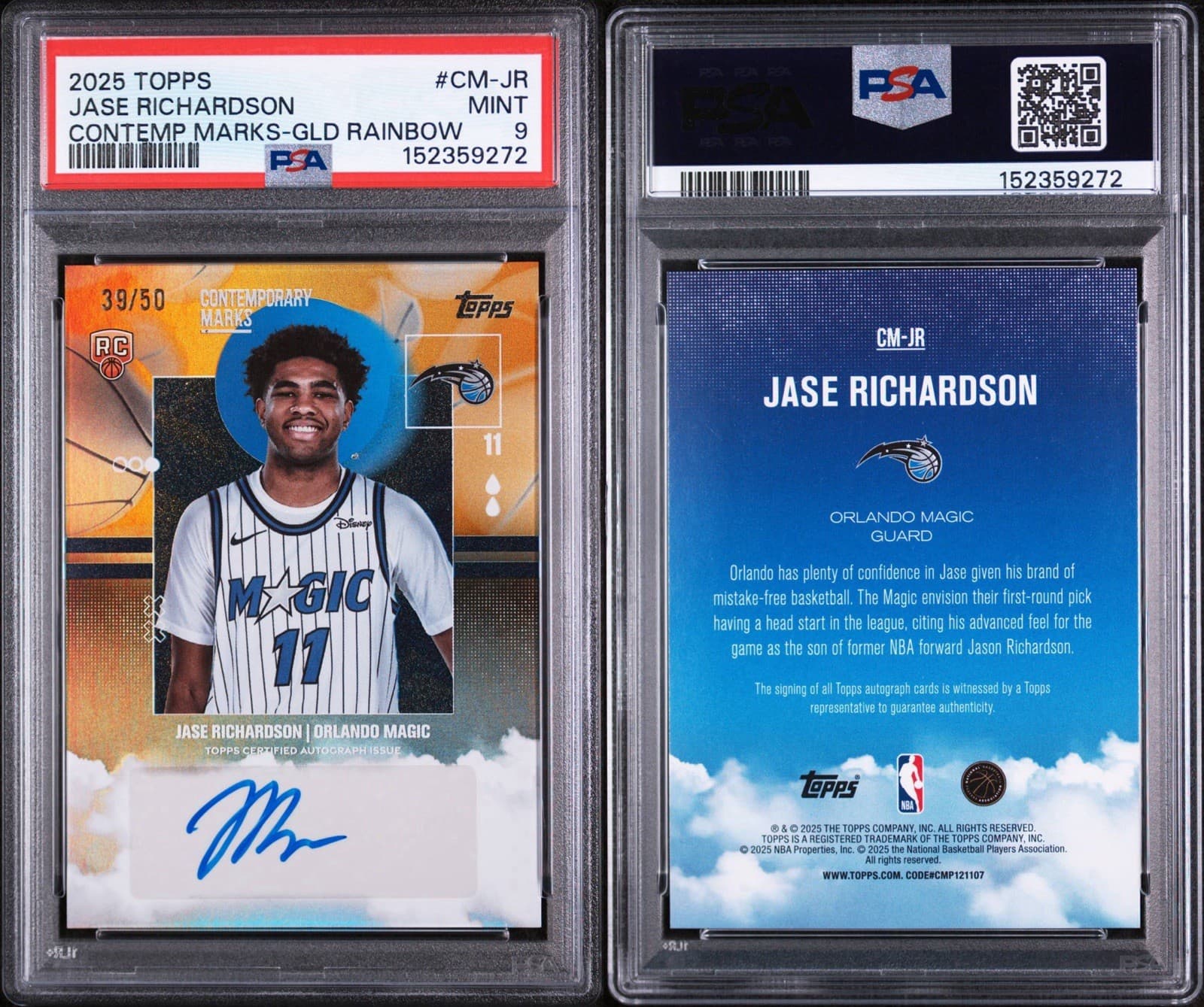 2025 Topps Contemporary Marks Jase Richardson (RC) Auto Gold Rainbow /50. PSA 9