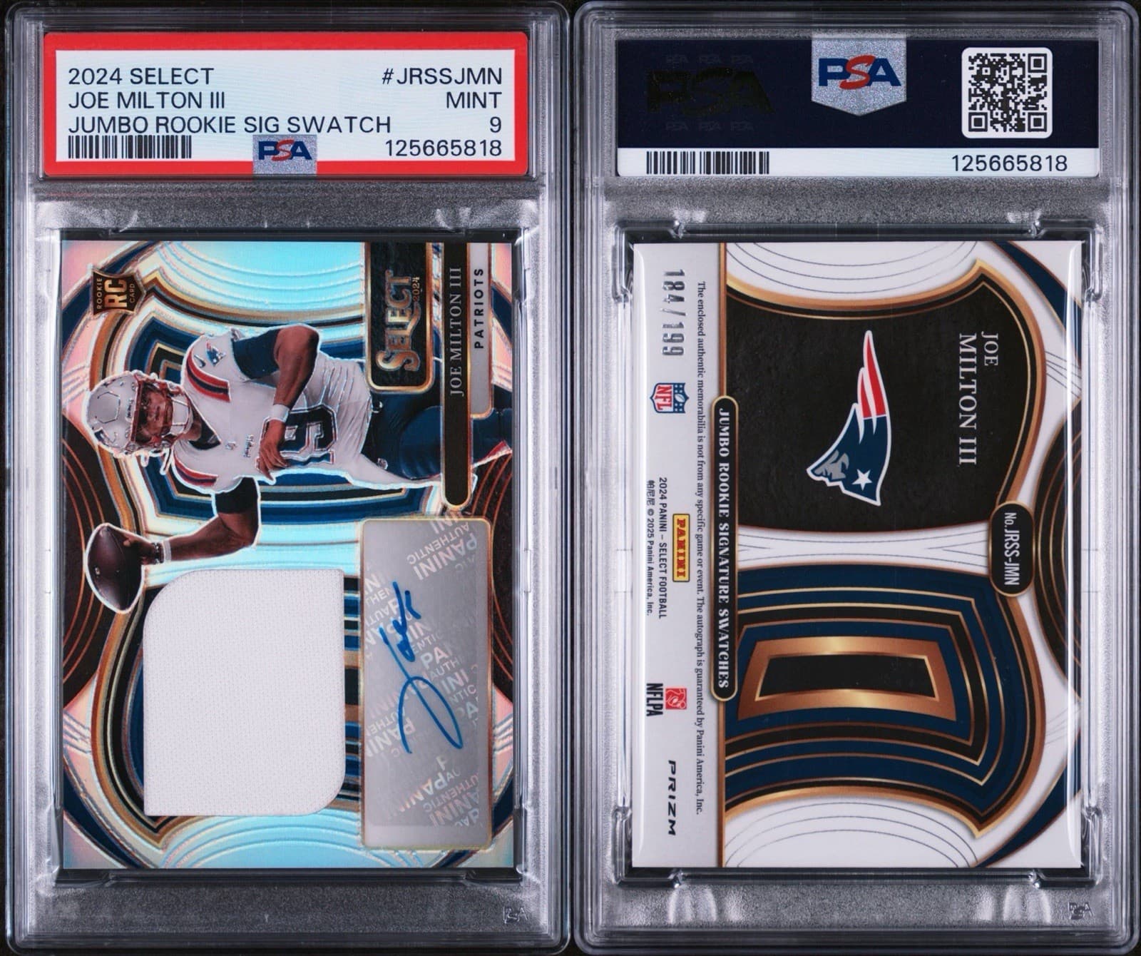 2024 Select - Jumbo Rookie Signature Swatches - Joe Milton III (RC) /199. PSA 9