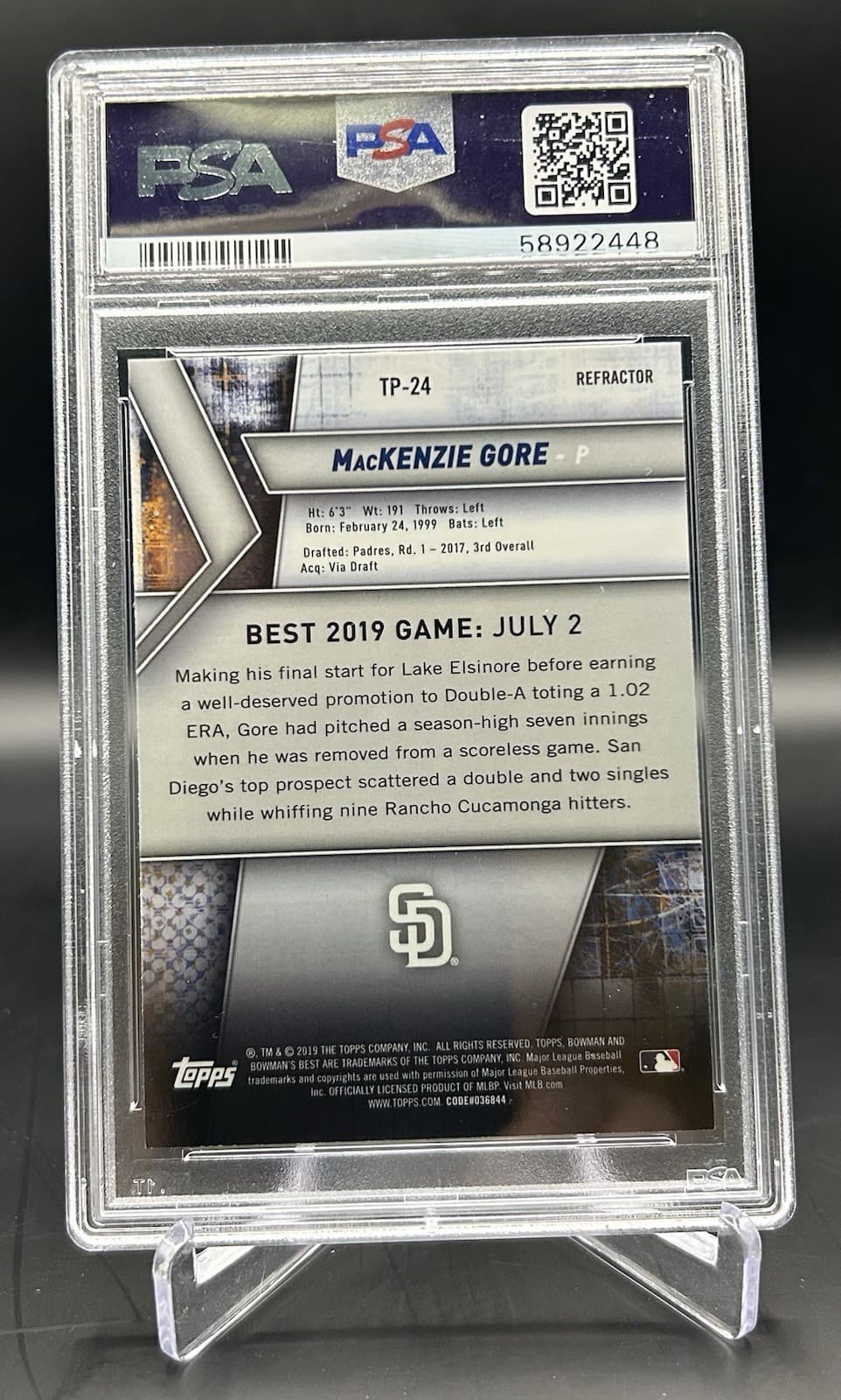2019 Bowman's Best - Top Prospects Mackenzie Gore #TP-24 Refractor (RC). PSA 9