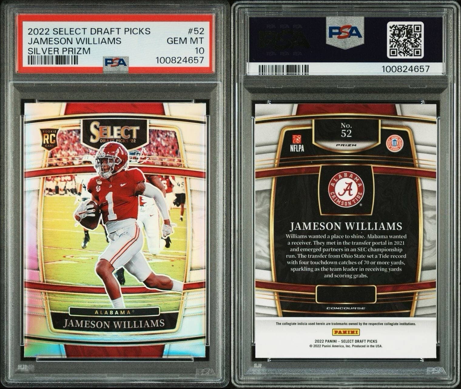 2022 Select Draft Picks Jameson Williams #52 Silver PSA 10 Pop 2 Alabama, Lions