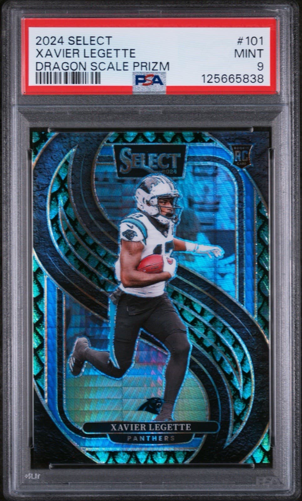 2024 Panini Select - Premier Level Xavier Legette Dragon Scale Prizm /81. PSA 9