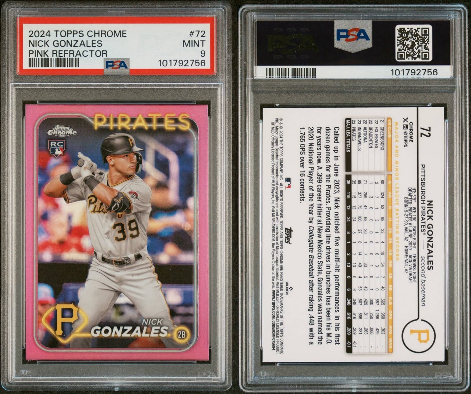 2024 Topps Chrome - Pink Refractor #72 Nick Gonzales (RC). PSA 9