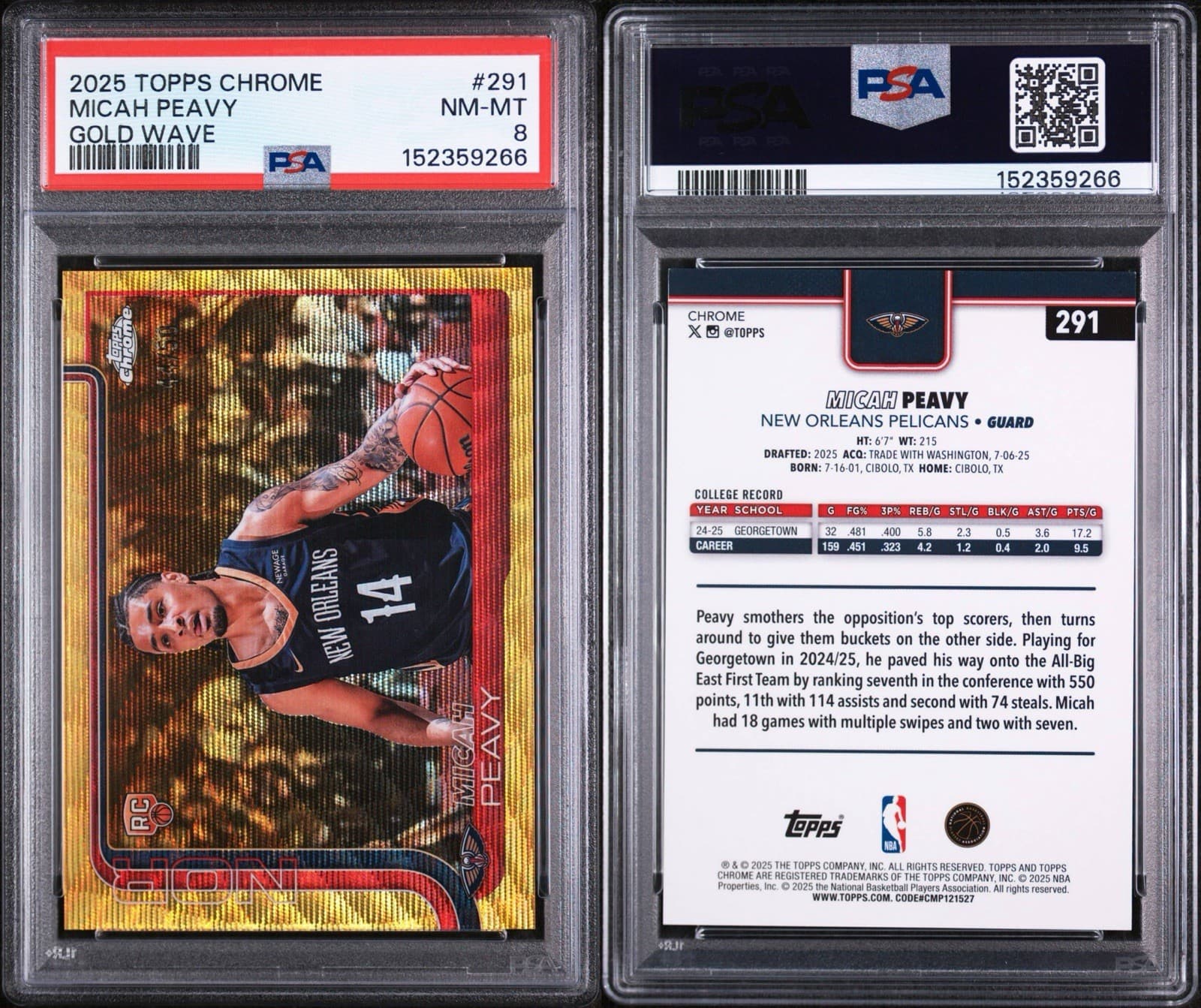 2025 TOPPS CHROME #291 MICAH PEAVY (RC) GOLD WAVE /50. PSA 8 NM-MT
