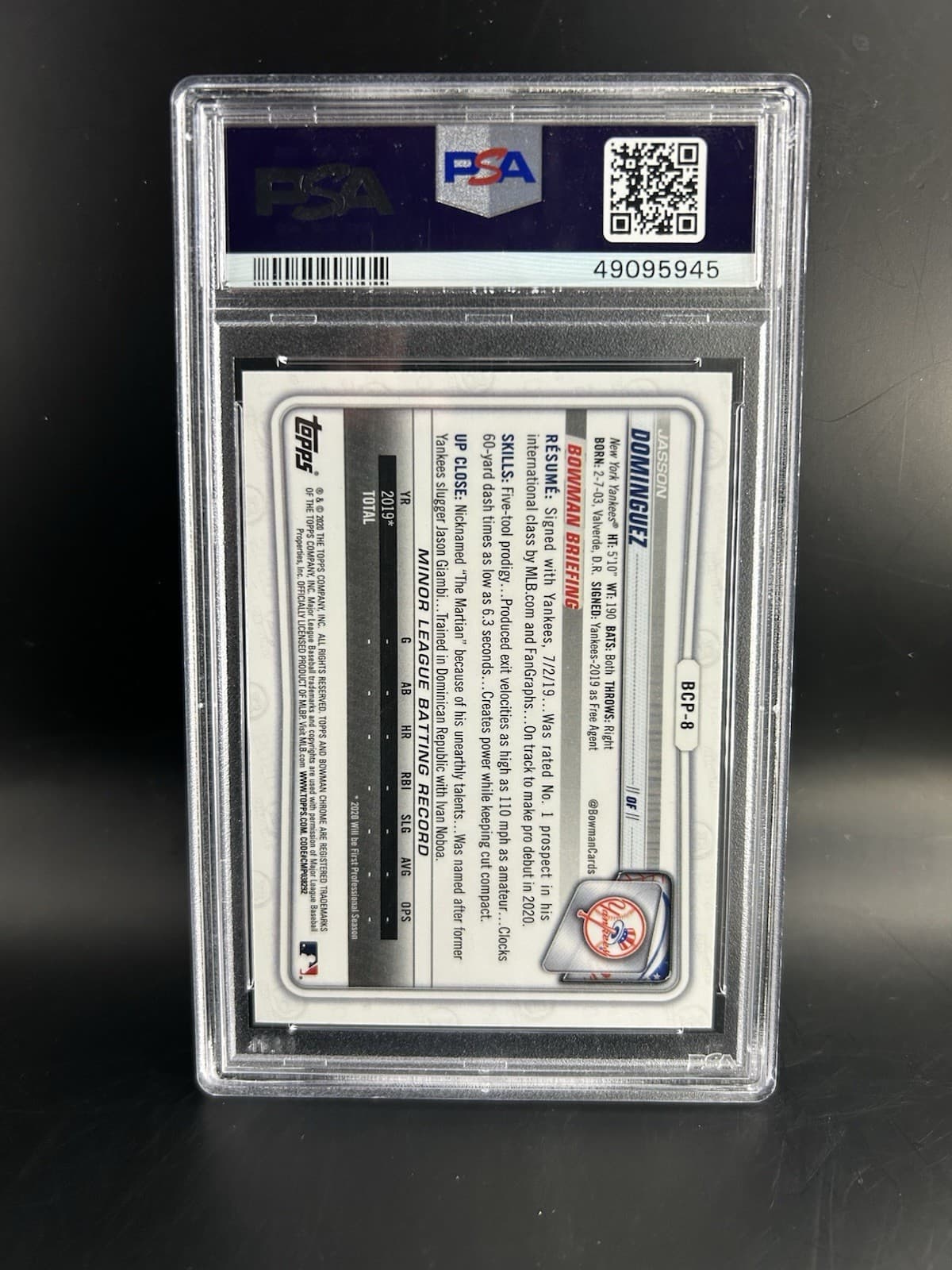 2020 Bowman - Chrome Prospects Jasson Dominguez #BCP-8 (RC). PSA 10 GEM MT