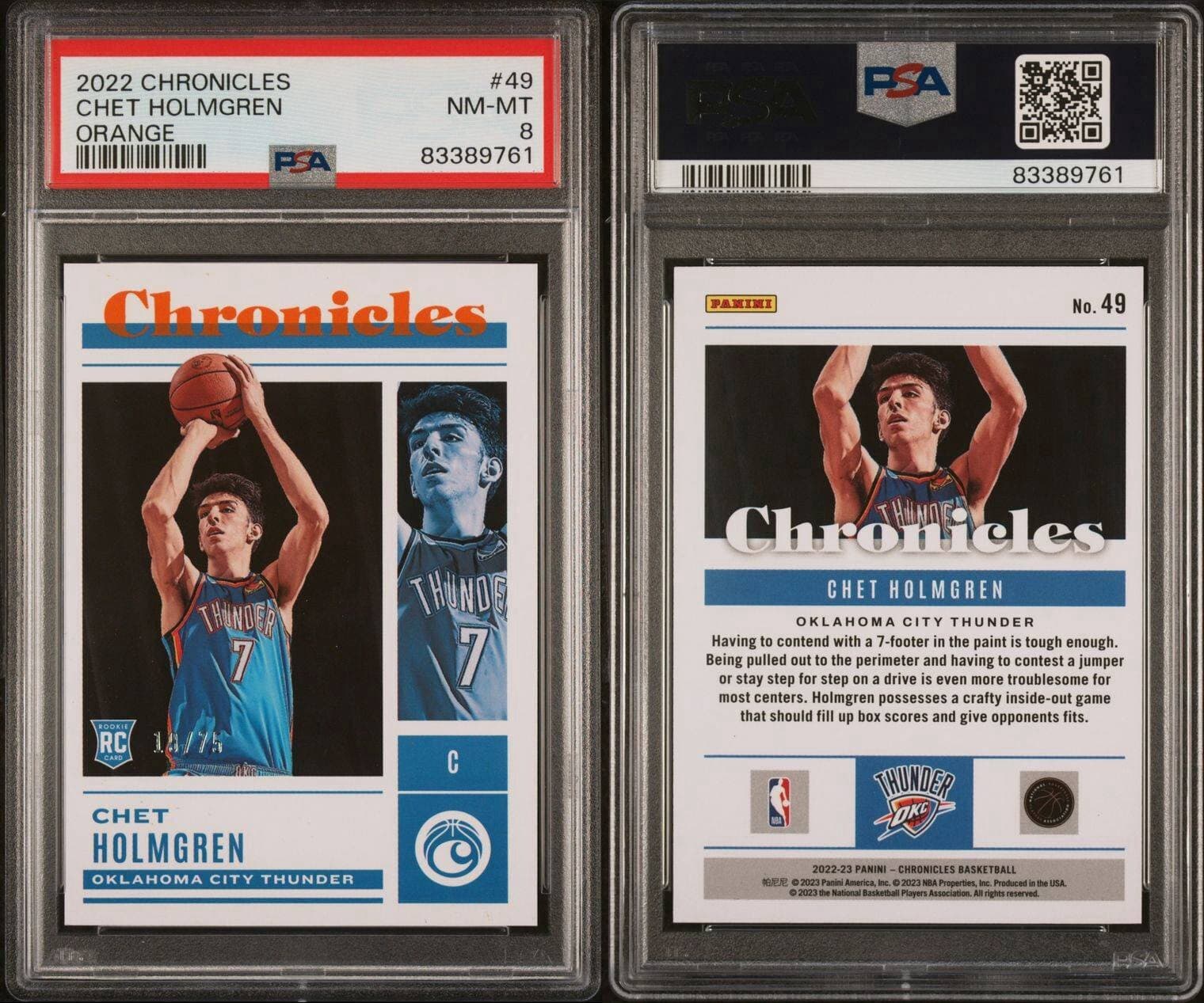 2022 Chronicles Orange #49 Chet Holmgren /75 (RC). Pop 3. Only 1 PSA Pop higher  thumbnail 3