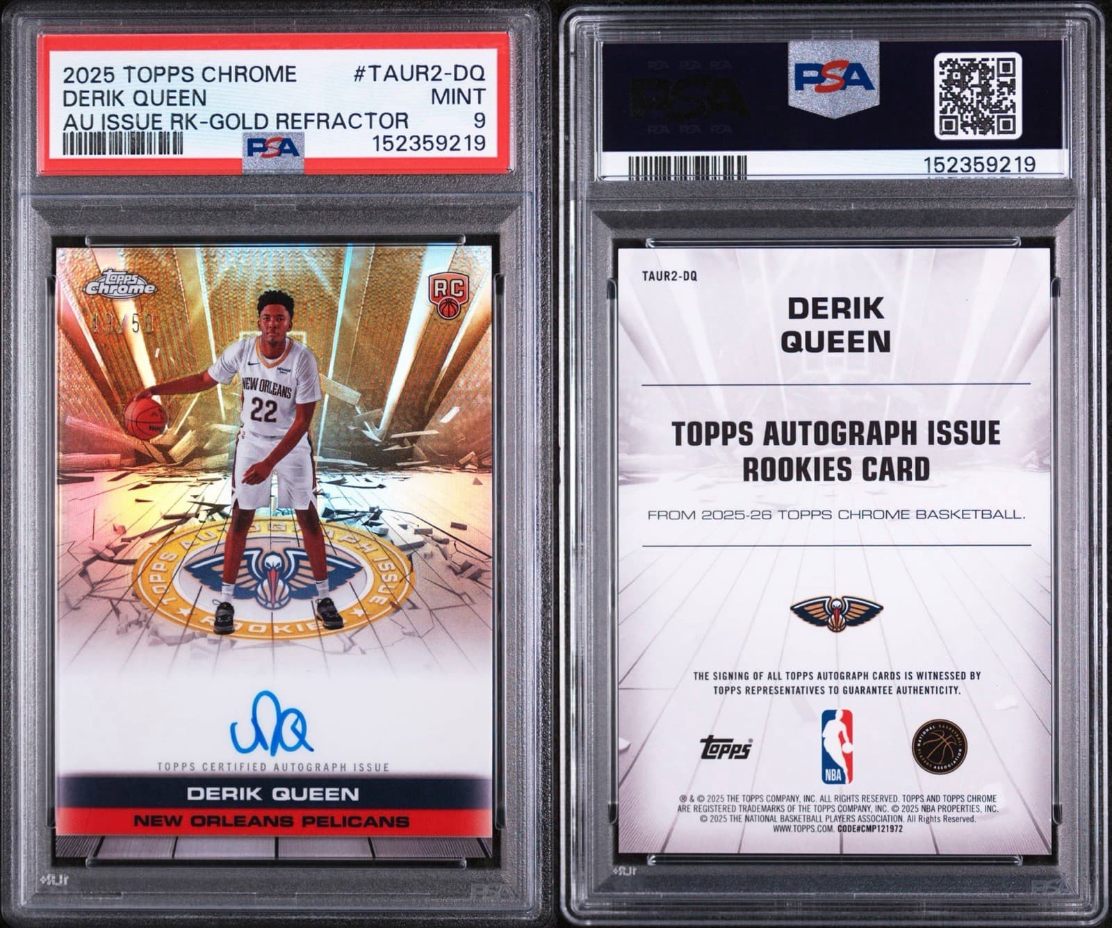 2025-26 Topps Chrome - Derik Queen #TAIR-DQ (RC) Auto Gold Refractor /50. PSA 9