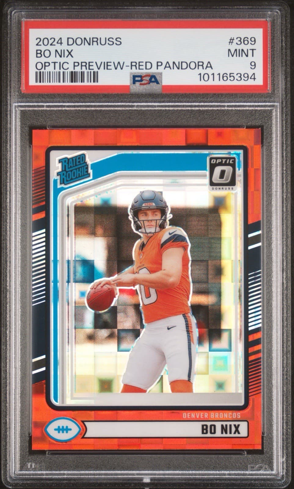 2024 Panini Donruss - Rated Rookie Bo Nix #369 Optic Preview Red Pandora. PSA 9