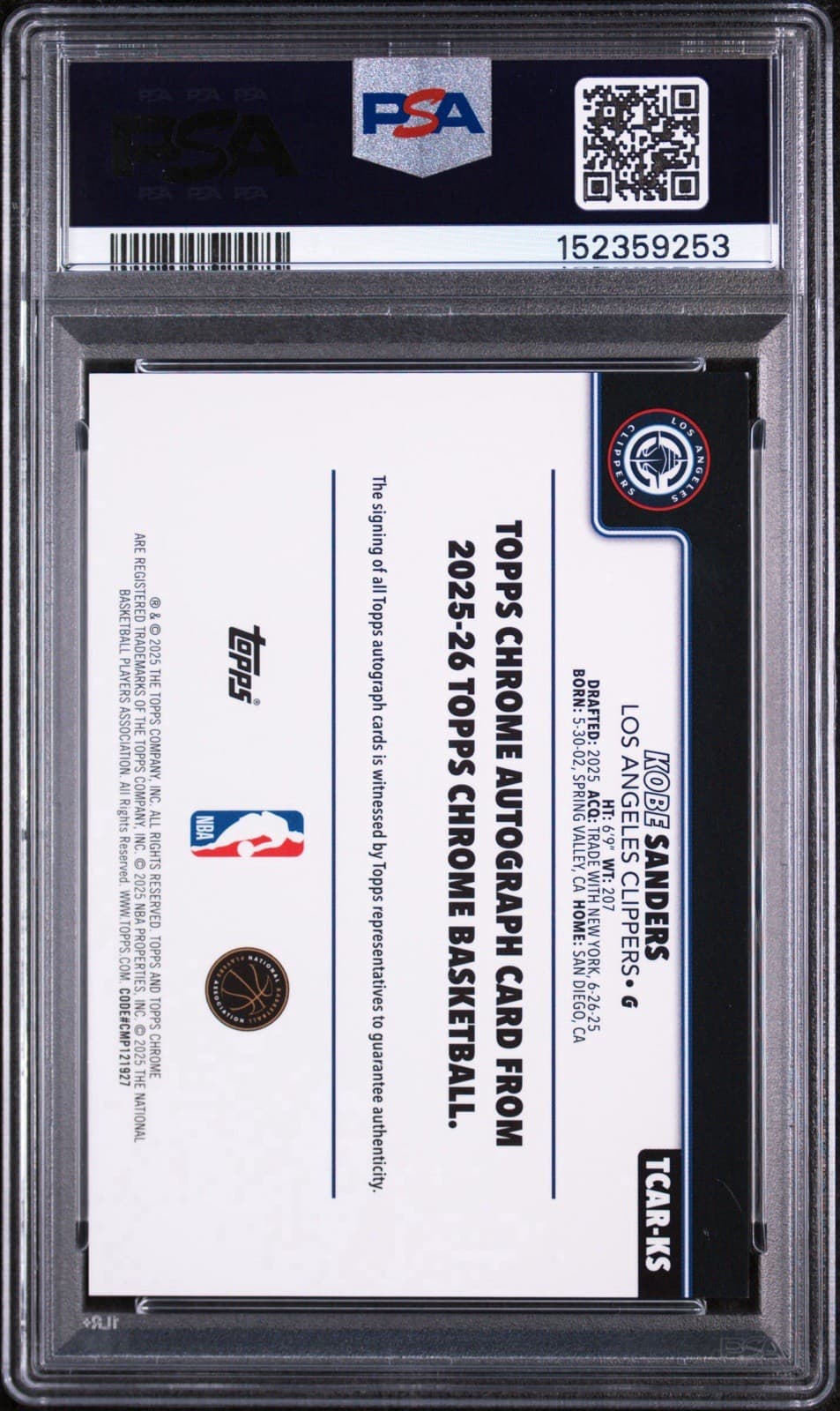 2025 Topps Chrome - Rookie Autographs Kobe Sanders #TCAR-KS (AU, RC). PSA 9 MINT