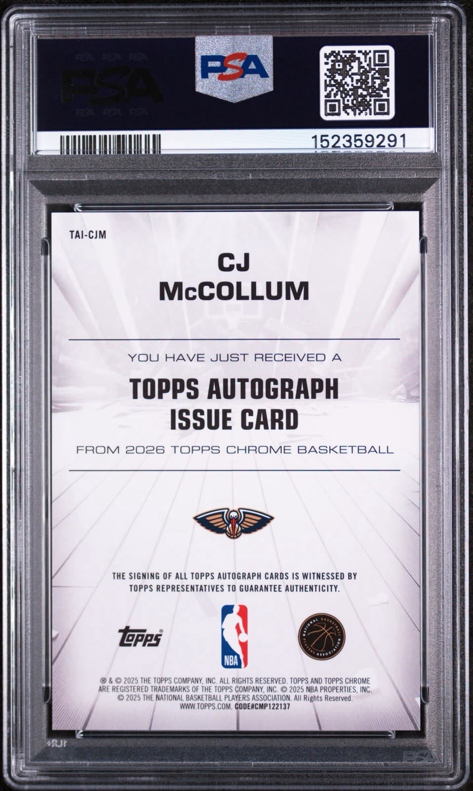 2025 TOPPS CHROME - CJ MCCOLLUM AUTO ISSUE VETERANS GREEN REFRACTOR /99. PSA 10