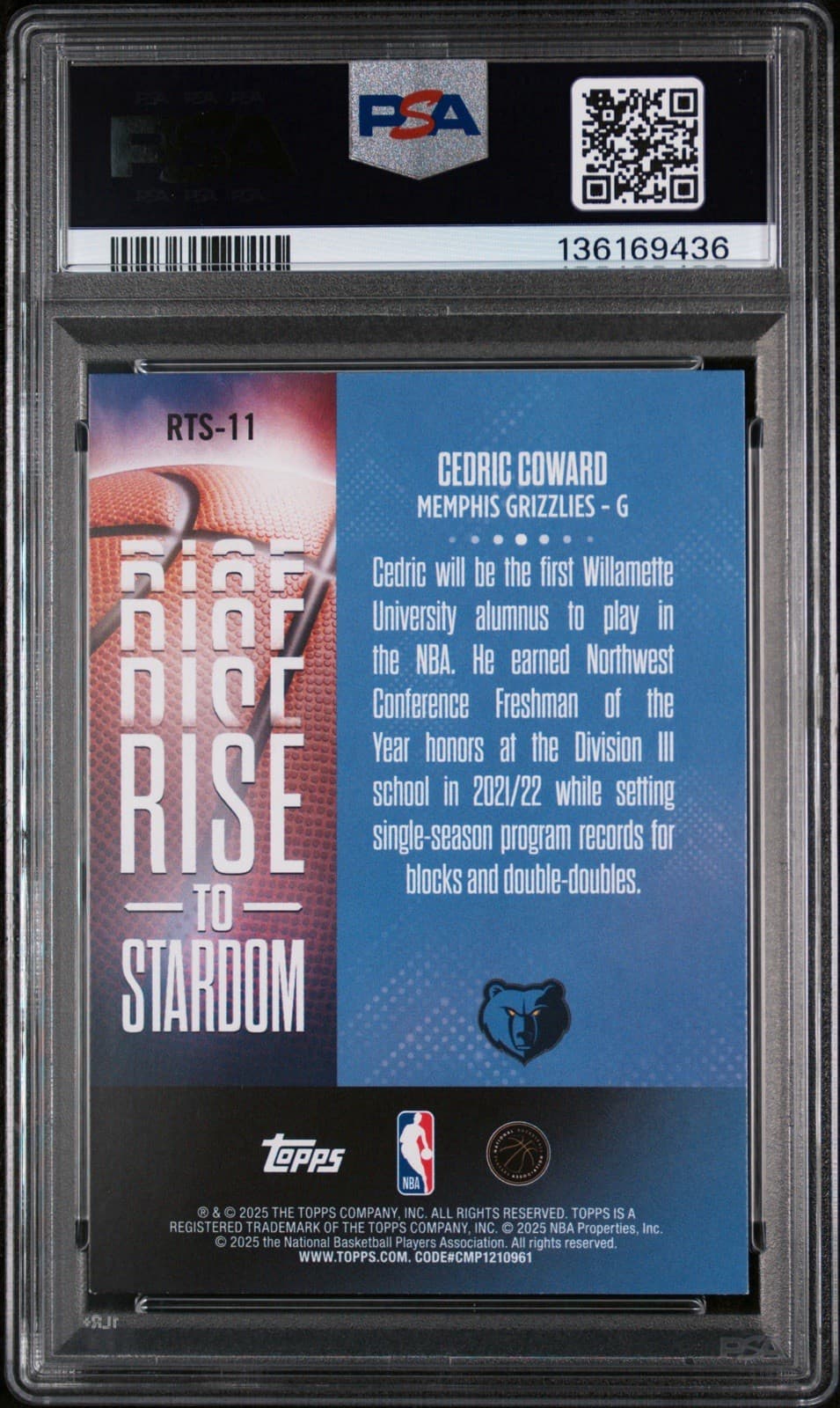 2025-26 TOPPS CEDRIC COWARD (RC) #RTS-11 - RISE TO STARDOM. PSA 9 MINT