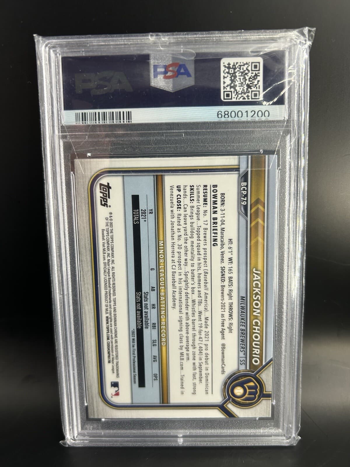 2022 Bowman - Chrome Prospects #BCP-79 Jackson Chourio (RC). PSA 10.