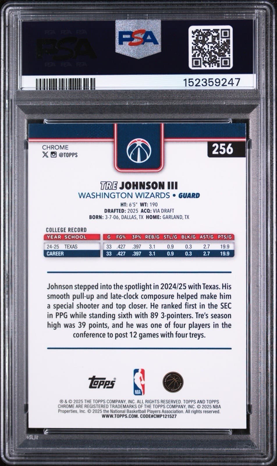 2025-26 Topps Chrome - Tre Johnson #256 (RC). PSA 8 NM-MT