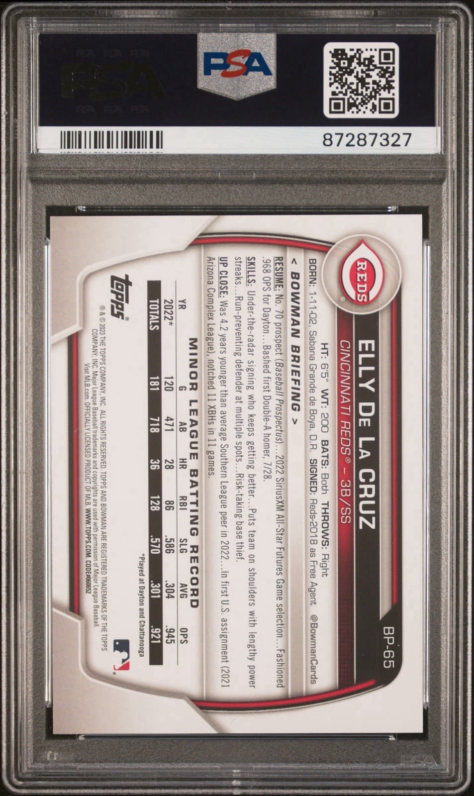 2023 Bowman - Prospects Elly De La Cruz #BP-65. PSA 10 GEM MT.