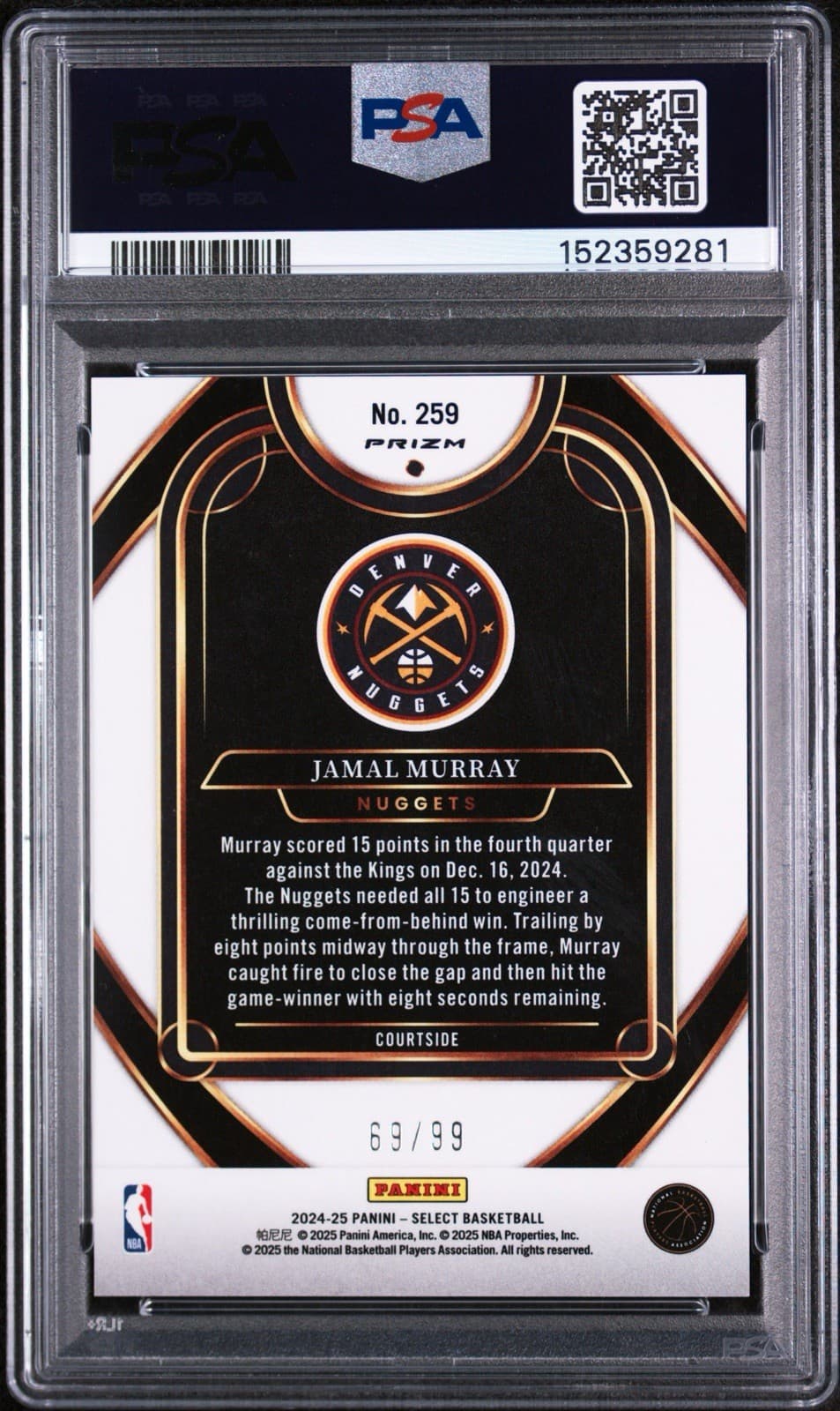 2024 Select - Courtside Jamal Murray #259 Light Blue Disco Prizm /99. PSA 9 MINT