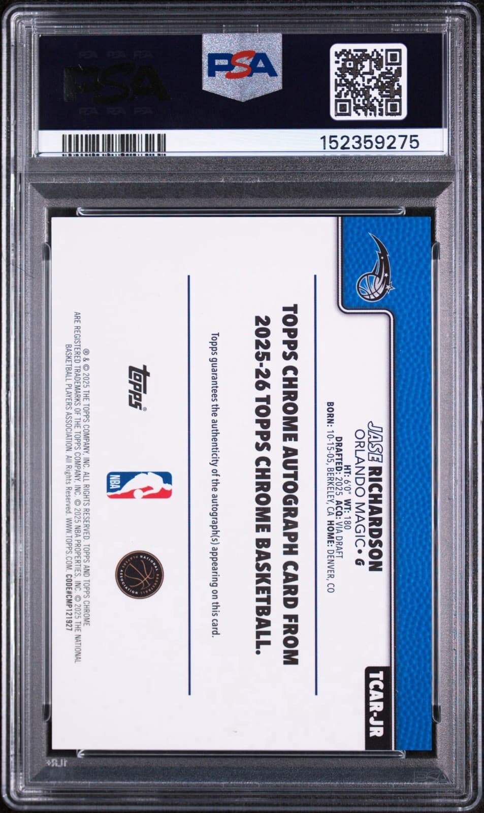2025 Topps Chrome - Rookie Autographs Jase Richardson #TCAR-JR (RC). PSA 9 MINT