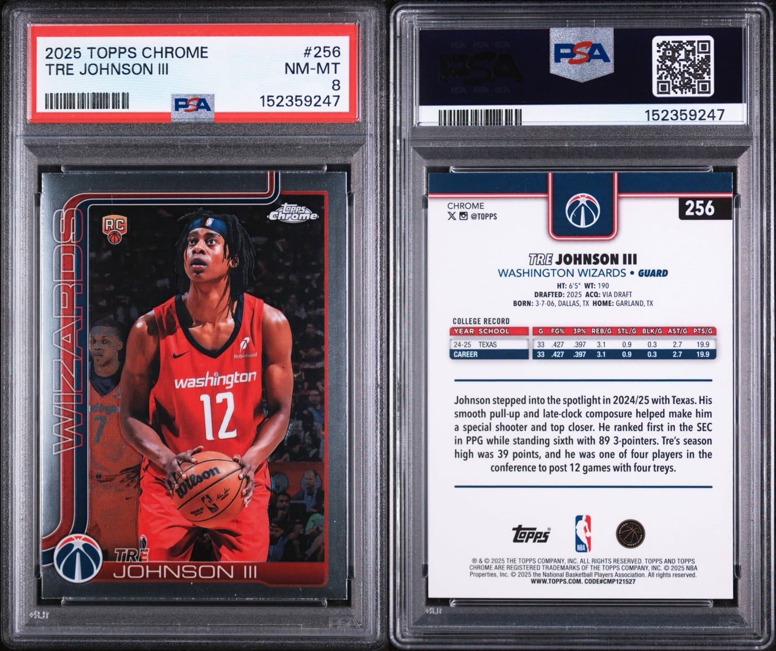 2025-26 Topps Chrome - Tre Johnson #256 (RC). PSA 8 NM-MT