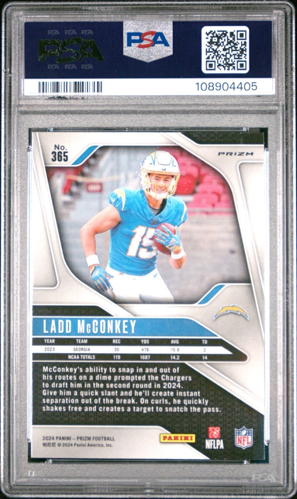 2024 Panini Prizm - Ladd McConkey #365 Pink Prizm (RC). PSA 10 GEM MT