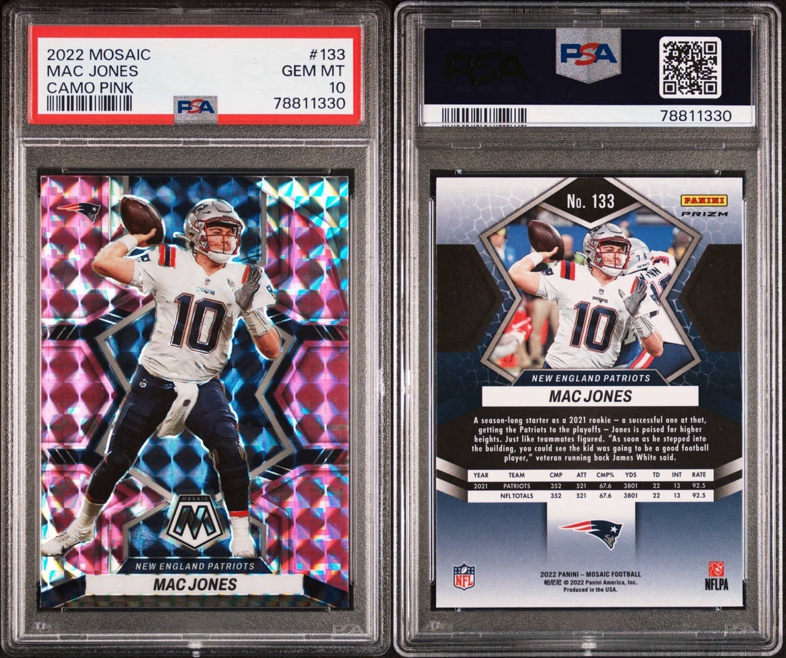 2022 Panini Mosaic Mac Jones #133- Camo Pink Mosaic Prizm. PSA 10 GEM MT. Pop 9!
