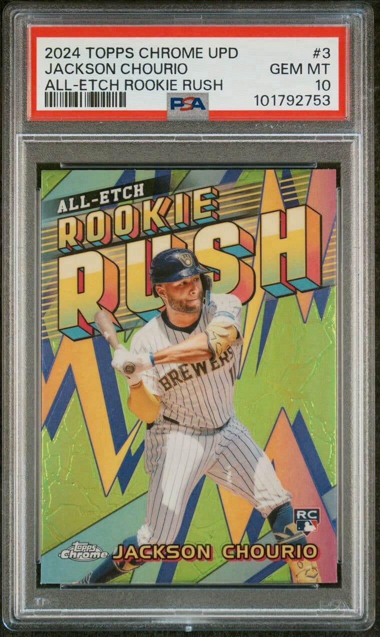 2024 Topps Chrome Update. All-Etch Rookie Rush. Jackson Chourio. PSA 10. Pop 38!