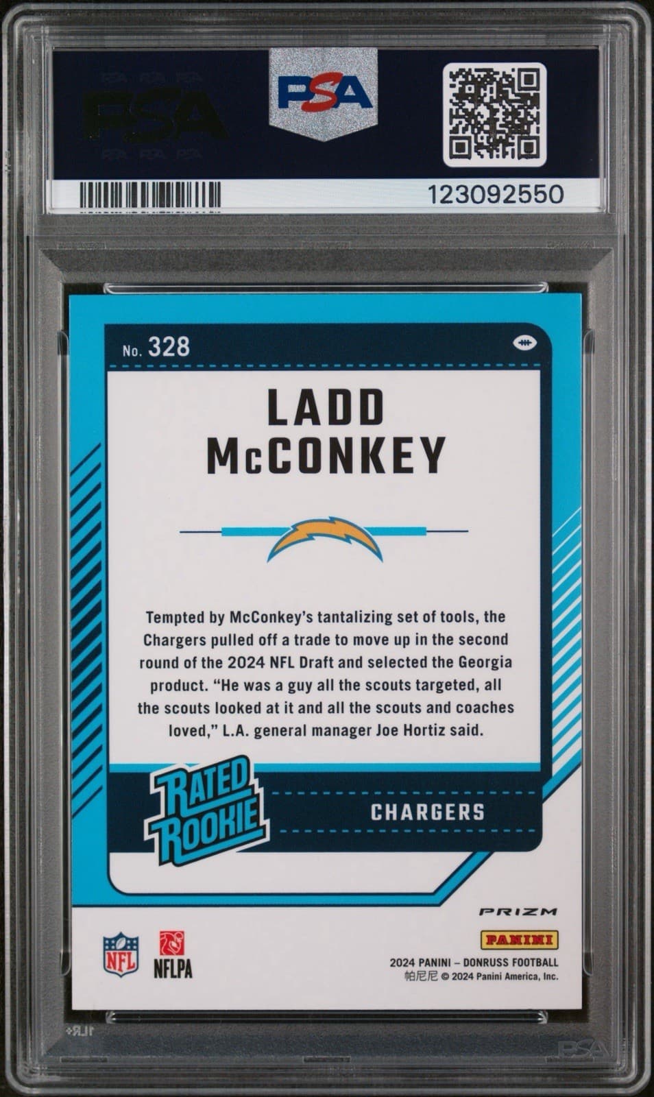 2024 Panini Donruss - Rated Rookie Ladd McConkey (RC) Optic Preview Pink. PSA 8