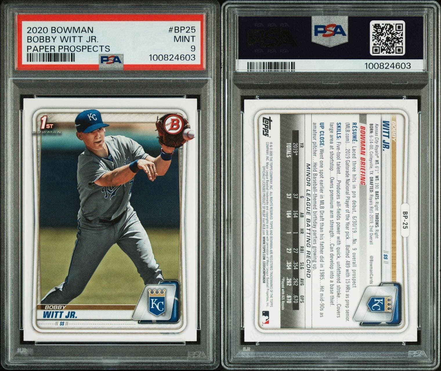 2020 Bowman Bobby Witt Jr. PSA 9 Mint #BP25 Paper Prospects Royals Bowman 1st